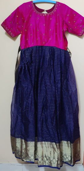 Picture of Pink And Blue Organza Long Frock with Maggam work on yoke