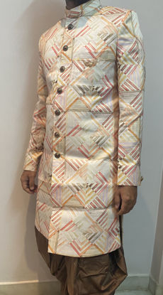 Picture of Off white sherwani with multicoloured lines and dhoti For 15Y