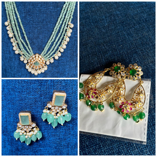 Picture of Pastel green beads necklace with earrings and gold chandbali earrings
