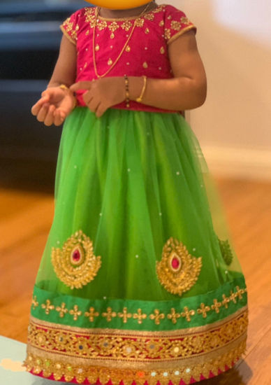 Picture of Pink and green lehenga with full work on front and back For 1-2Y