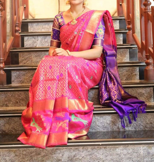 Red mix pink uppada pattu big border sarees with maggam work