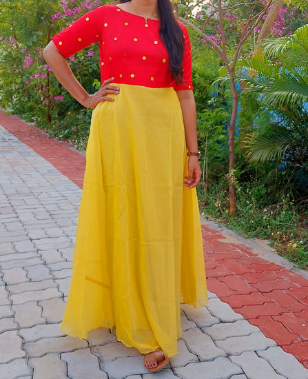 Picture of Red and yellow long gown with Dupatta
