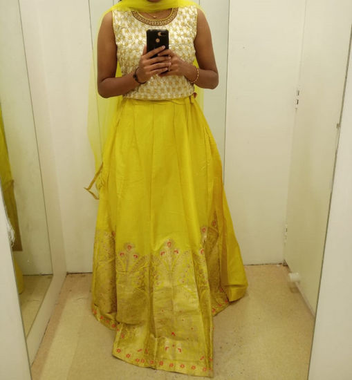 Picture of Half White & Lime Yellow Embroidered Crop top & Lehanga with Shawl