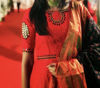 Picture of Customised Red long check dress with Pure pattu dupatta Ikkat