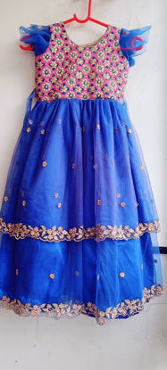 Picture of Blue long frock with blue and pink pearl work yoke For 4Y