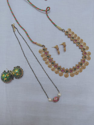 Picture of Combo of Ganesha antique polish neckset + Black bead chain + Meenakari jhumkas