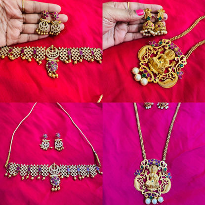 Picture of Beautiful jewellery combo of choker and long pendant chain with matching earrings