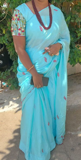 Picture of Pretty Sea Blue Colour Saree with work Blouse