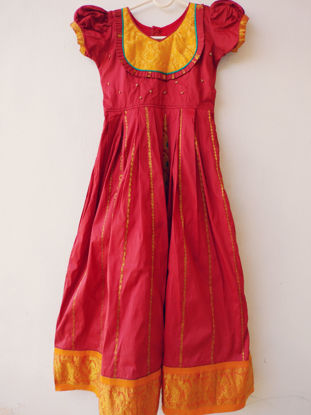 Picture of Marron with orange pure kancheepuram pattu frock For 6-8Y