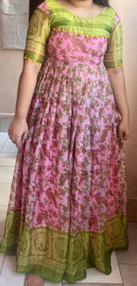 Picture of Baby pink soft silk with radium green combination long frock