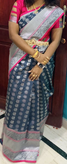 Picture of Grey peacock print with pink combination Saree