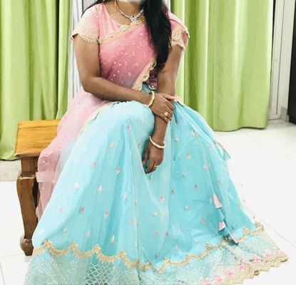 Picture of Sky blue lehanga with peach pink blouse and Duppata with belt