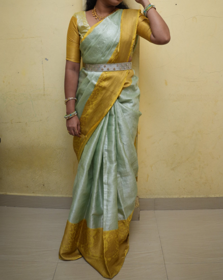 Picture of Pista green and yellow big border saree
