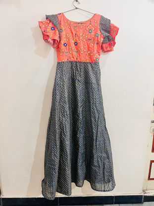 Picture of Grey and orange tissue silk long frock with double layered sleeves