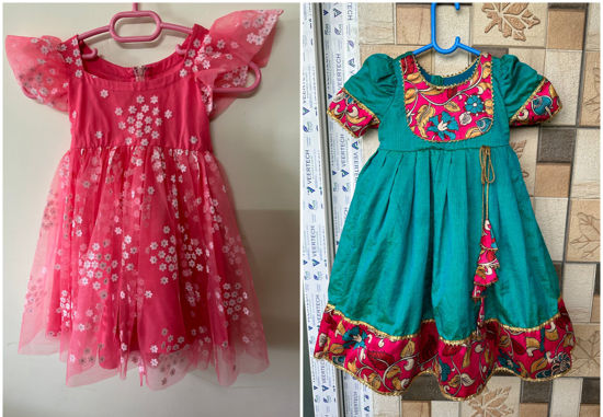 Picture of Peachish pink net frock and peacock blue frock for 2-3Y