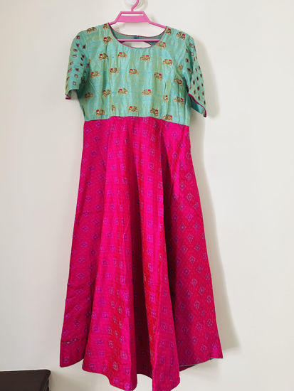 Picture of Pure Ikkat Silk Dress with Yoke in Pure Raw Silk and Hand Embroidered
