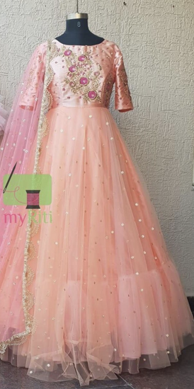 Picture of Peach and pink 2 layered hand work net long Frock