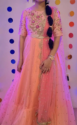 Picture of Peach and pink 2 layered net long Frock