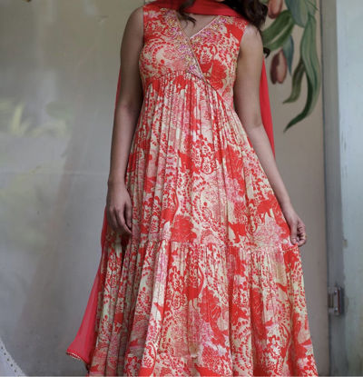 Picture of Coral Red Anarkali Suit