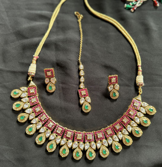 Picture of New Premium Kundan Necklace Set including Earrings and Maangtika