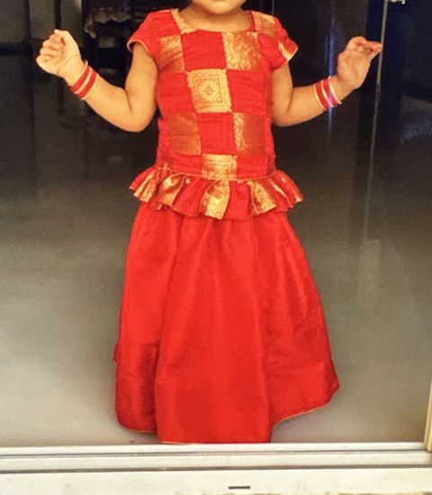 Picture of Red and gold lehenga set with pure silk blouse and raw silk lehenga For 4-6Y