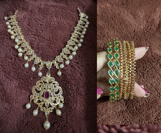 Picture of Brand New Premium Uncuts Necklace with Ruby and Emerald Bangles - 2 Pairs