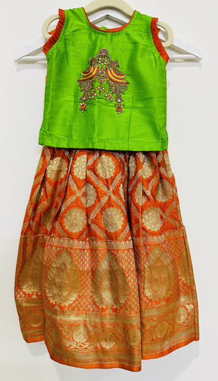 Picture of Pure Benaras silk with maggam work Langa/lehenga set For 2-4Y