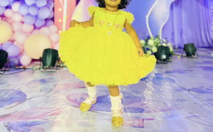 Picture of Yellow birthday frock with feather detailing 1-2Y