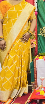 Picture of Yellow pure Banaras saree with maggam work blouse