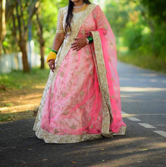 Picture of Champagne Gold Lehenga with Blush Pink Dhupatta