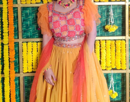 Picture of 3 piece Beautiful Yellow/Haldi Lehanga with Maggam work Blouse