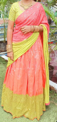 Picture of Peach and green combination lehenga with green blouse and chikankari dupatta