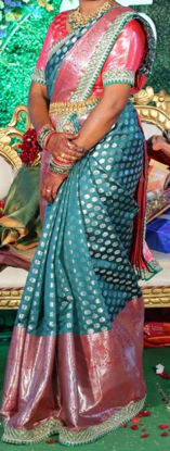 Picture of Green banarasi silk saree with work lace with stitched blouse