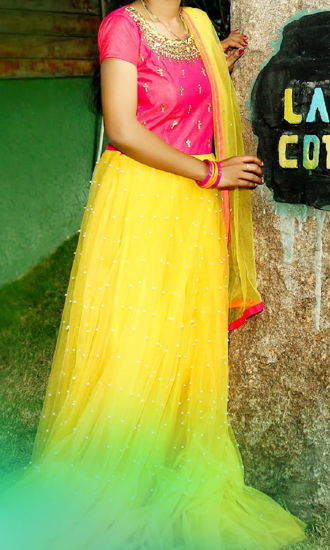 Picture of Pearl work Yellow Long frock with cancan