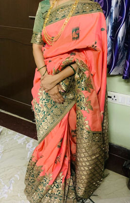 Picture of Peach Green Silk Saree with Knot Blouse