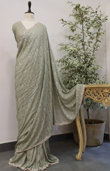 Picture of Varuni Couture Basil green chikankari work saree