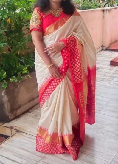 Picture of Ikkat saree with maggam work Blouse