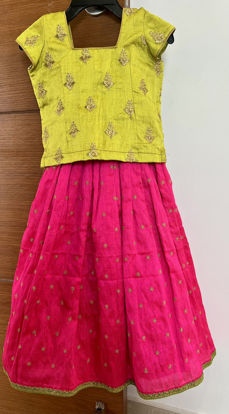 Picture of Parrot Green and Pink Raw Silk lehenga For 2-3Y