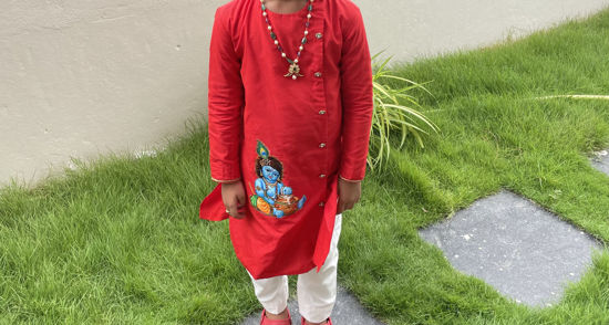 Picture of Customised Red Kurta set with Tanjore painting For 4-6Y