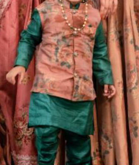 Picture of Green Tussar Kurta with Floral Coat For 2-4Y