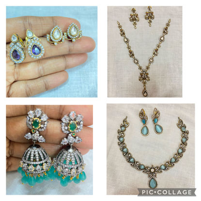 Picture of Combo of mehandi polish victorian necklace sets with jhumka and two victorian studs