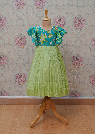 Picture of Pista teal floral frock from vastrasuka for 9-10 yrs