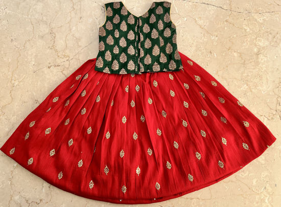 Picture of Green Silk Blouse and Red Raw silk Body Lehenga 1-2Y