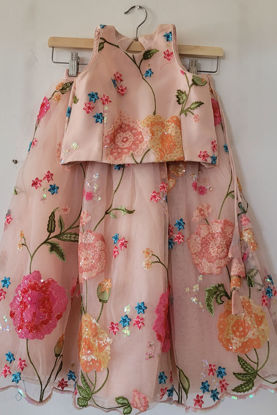 Picture of Pink Net Floral sleeveless Lehanga For 4Y