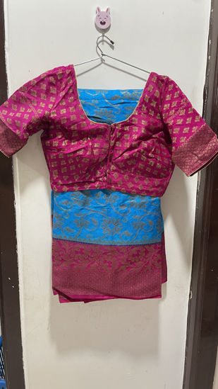 Picture of Blue Chanderi saree with pink blouse