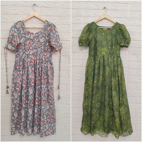 Picture of Combo of Grey Floral Custom-made Cotton Frock and Green Bandini print Georgette Frock