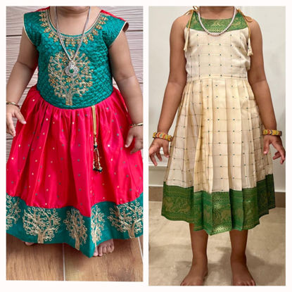Picture of Combo of Cream/Green & Red/Green Silk frocks 2-3Y