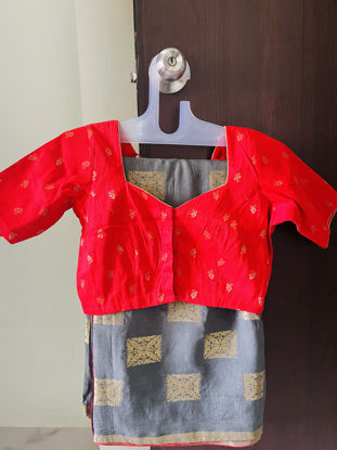 Picture of Grey colour Banarasi saree with contrast red colour raw silk blouse