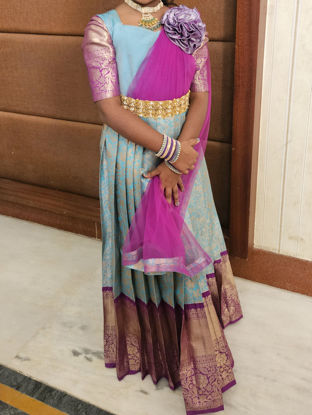 Picture of Turquoise blue Kanchi silk gown with attached dupatta For 8-10Y