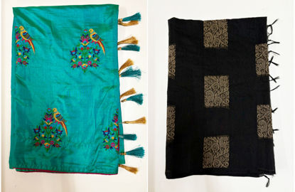 Picture of Combo of Black Silk cotton saree with unstitched blouse & Rama blue colour satin tussar saree without blouse
